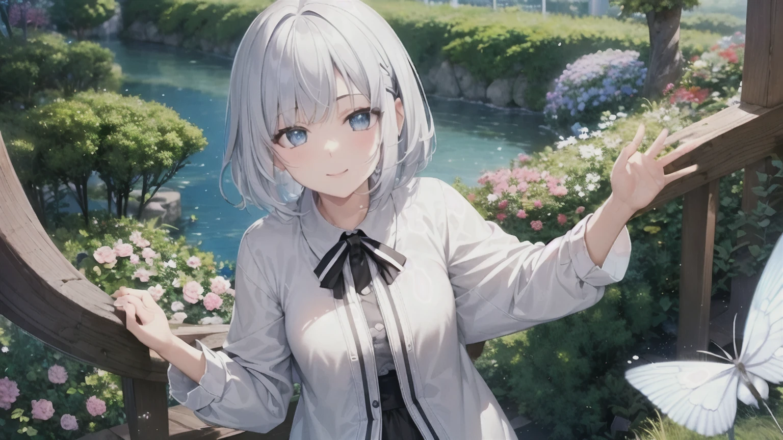 Ultra HD,Look at the viewers, Put your hands behind your back, With a girl, 20-year-old, 非常にShort Hair, Long bangs between the eyes, Pale blue eyes,  Very detailed,(masterpiece、Highest quality),Gray Hair、Laughter、Fantastic, Silver Hair, Iris,  Short hair、 Fluttering Hair、Small Face、明るいsmile、(Detailed face) ,Professional Lighting,Wonderful landscape,blue sky, sunlight,Looking down from above,Portraiture、Open your mouth、Flower Field、Her eyes were shining、Mysterious and enchanting atmosphere。With AI Painting、とてもShort Hair, Long bangs between the eyes, Very detailed,(masterpiece、Highest quality)、alone、Gray Hair、Fantasy, Silver Hair, Fantasyな風景、White shirt、smile、Open your mouth、short hair、Short Hair、hairpin、black eye、Grey Eyes、Beautiful Eyes、