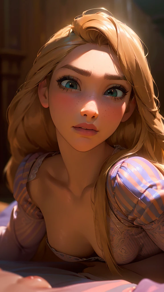 (Rapunzel, 1girl, long flowing golden hair, beautiful detailed eyes,beautiful detailed lips,extremely detailed eyes and face,longeyelashes, sexy half nude outfit, full body, oiled, horny, (best quality,4k,8k,highres,masterpiece:1.2),ultra-detailed,(realistic,photorealistic,photo-realistic:1.37),digital painting, cinematic lighting, dramatic shadows, volumetric lighting, highly detailed, intricate details, vibrant colors, chiaroscuro)