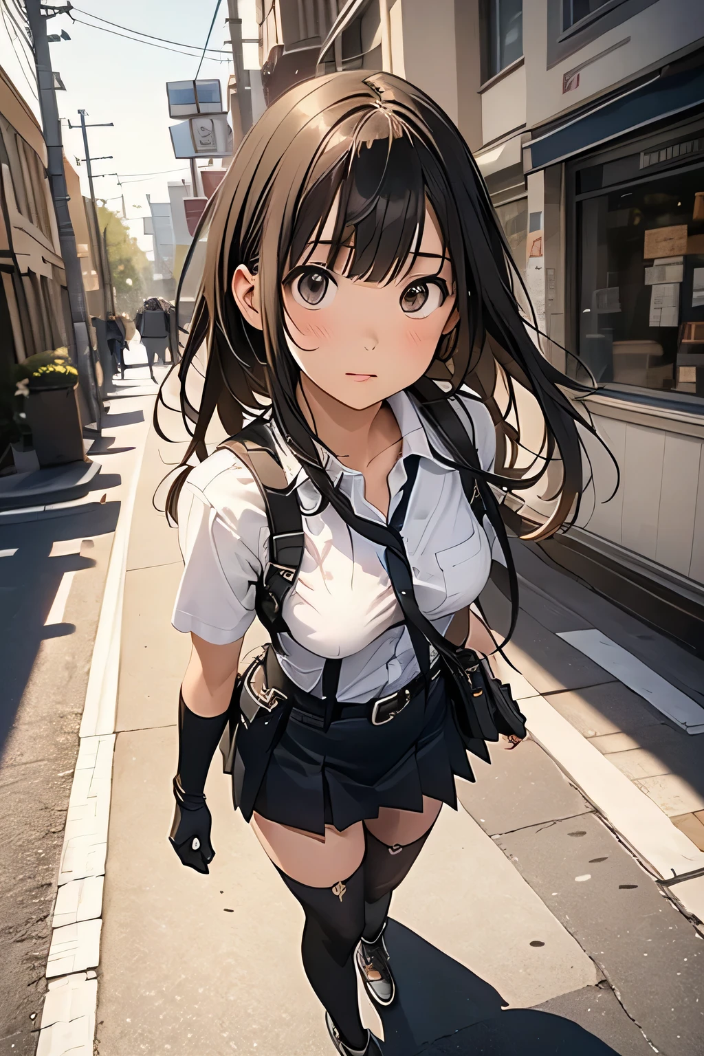 high quality, masterpiece, Ultra-high resolution, (realism: 1.4), Oil painting style, Cinema Lighting, , I stood on the empty asphalt road and looked at it., And the suspenders with the cranes flying　　Large Breasts　 　 　　　　Small face　 　　　holster　　　　　　　 Lying in bed　Looking up　　　　Sweat 　　　belt　summer　脇Sweat 　Black Hole Gloves　suit　　　　 mini skirt　garterbelt　Leg Links　ズボンにbelt　　holster　 　　Hands behind your back　 Anxious expression　Looking up　Anxious face　Knee-high　Knee socks　Knee-highソックス garterbelt　garter　ふとももにgarterbelt