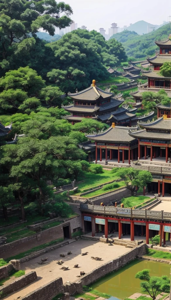 Ancient Chinese city ruins,Bird's-eye view,The ruined palace of the emperor,Destroyed Chinese buildings,The earth is in ruins,Countless people are fighting