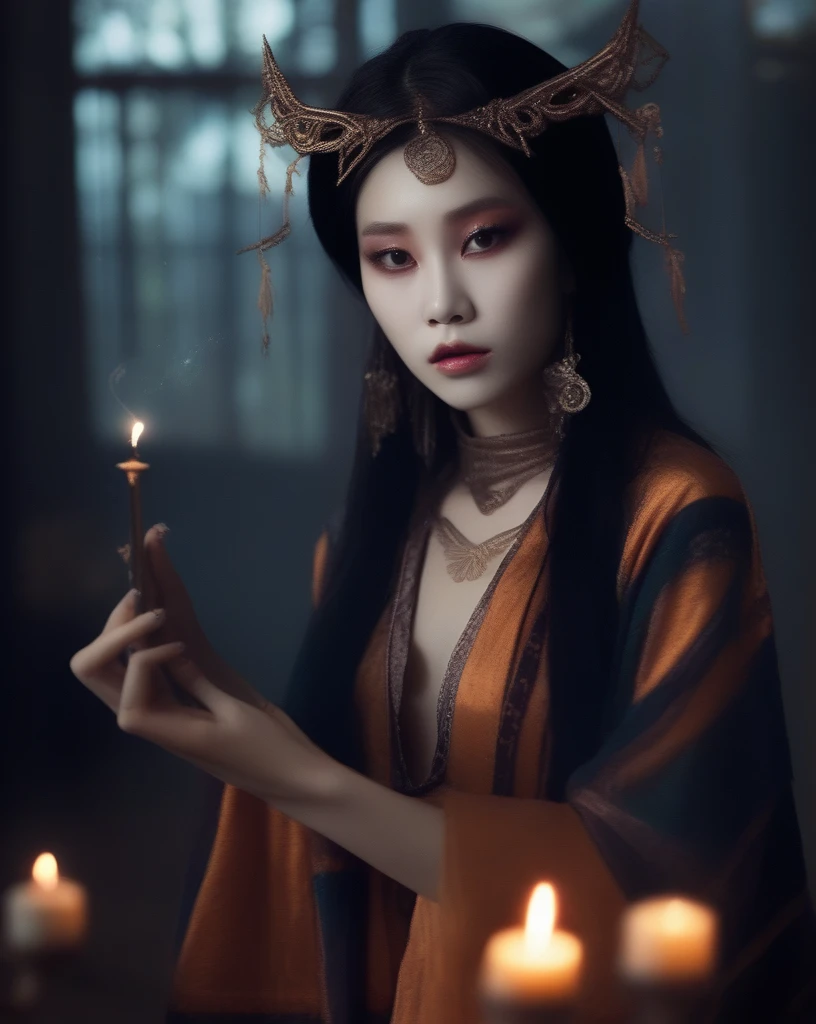 Product Photos, (ah、woman:1.0,)At the center of an ancient mystical circle, womanの人間の魔術師が描かれている (Photorealistic:1.35). Mysterious and fascinating makeup、Weaving in her natural magic、Enhances her otherworldly charm. she raises her hands, Cast a spell that causes the mystical symbols around her to glow brightly.. The magical atmosphere and impressive poses、It captures the essence of the magician.。,  