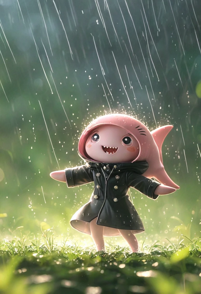 Sexy pink Shark Girl wearing a black trench coat,(No humans),E7E48U,Dancing in the Rain,rain, Background grassland