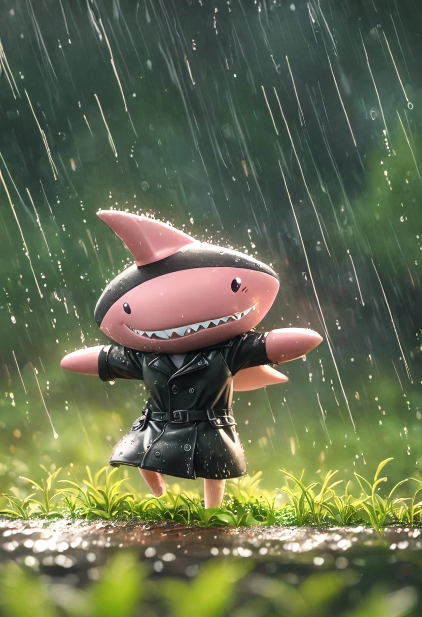 Sexy pink Shark Girl wearing a black trench coat,(No humans),E7E48U,Dancing in the Rain,rain, Background grassland