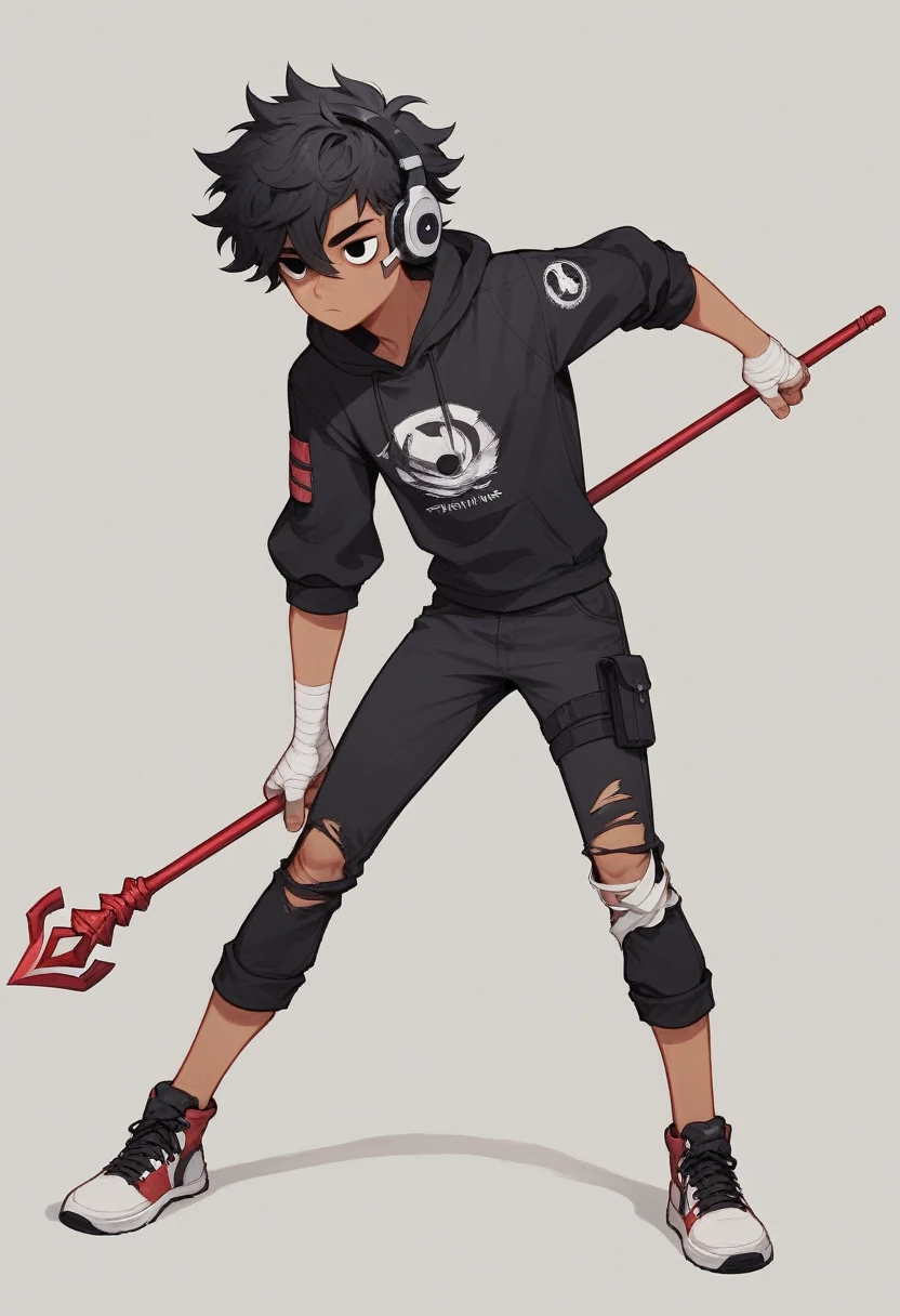 man , YOUNG, slim and youthful body, tanned skin, spiky hair, black hair, messy hair, some strands of blonde hair in the front, Tired eyes, socket eyes, black outline, black eyes, small mouth , black sweatshirt torn from the right shoulder, black neckband, black bandages on hands, gray over-ear headphones, worn black pants with a purple patch on the left knee, red and white shoes, holding a red Bo staff with gold details, combat pose,