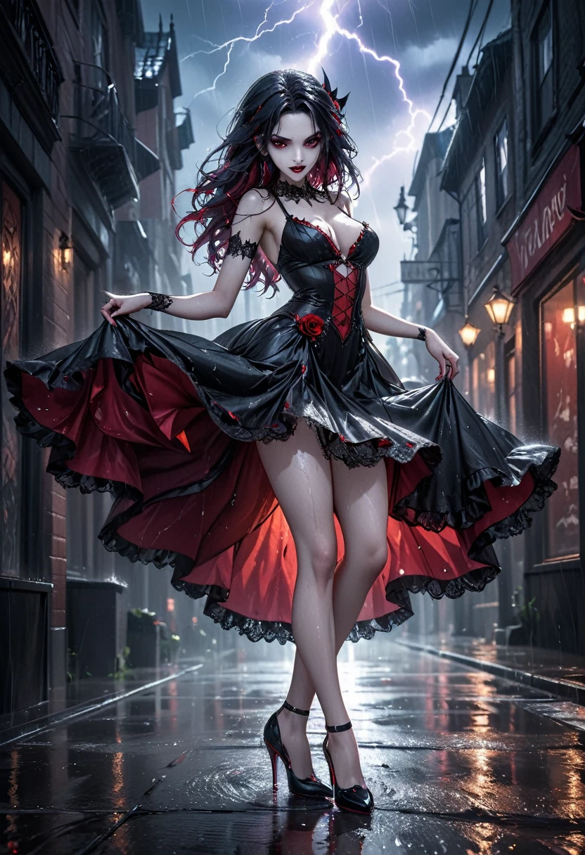 a female vampire (dancing: 1.3) in the rain during lightning storm, goth art, dark fantasy art, glamours (vampire: 1.5) model shot, RAW, award winning picture of a female vampire, dynamic hair color, dynamic hair style, pale skin, full body, busty woman, most beautiful face ultra detailed face, long hair, wavy hair, pale skin, wearing lace dress, wet dress, dynamic color, dynamic style dress, (intense detailed dress: 1.3), wearing intricate high heels, light make up, modern day high society street in a (lightning: 1.3) storm heavy rain, sense of glorified sensation in the storm, (anatomically correct: 1.4),  picture taken from dynamic range, vibrant, Ultra-high resolution, High Contrast, (masterpiece:1.5), highest quality, Best aesthetics), best details, best quality, highres, ultra wide angle, 16k, [ultra detailed], masterpiece, best quality, (extremely detailed), Intense Gaze, goth person