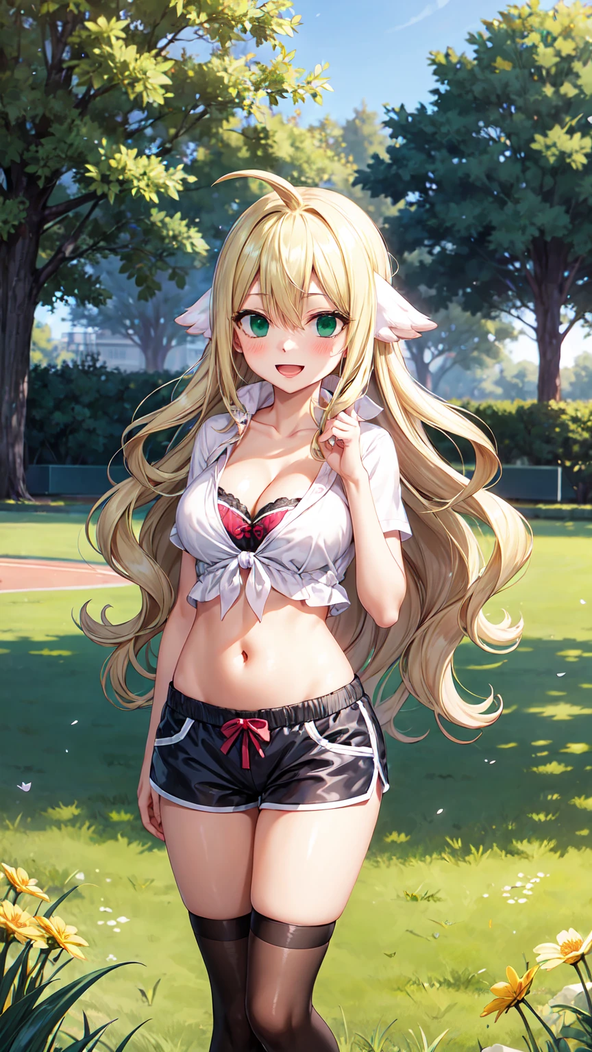 Masterpiece ,best quality , high resolution , (1 girl solo:1.38) , (mavis, long hair, blonde hair, (green eyes:1.5), ahoge, wavy hair, animal ears,) , (cleavage:1.2) , (medium breast:1.28) , (wear baseball hat , belly , navel , sport top , sport short , stockings ) , (arms behind back . hands behind back) , (cleavage:1.15) , (big breast:1.1) , (face view , look at view ) , (outdoor ,on street , road , night , lamp, shop, avenue) , (standing , legs , thighs , cowboy shot) , ( full face blush , shy , smile , open mouth)