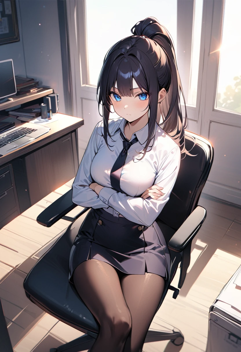 1 girl, 18 years old, long hair, black hair, straight hair, high ponytail, short bangs above brows, blue eyes, black glasses, expressionless, 
BREAK (masterpiece), (high resolution 8K), cinematic lighting, professional lighting, detailed eyes and face, detailed body, 
BREAK office lady, skirt, white blouse, tie, pantyhose, crossed legs, crossed arms, 
BREAK indoors, in the office, desk, sitting on the desk, from above, 
