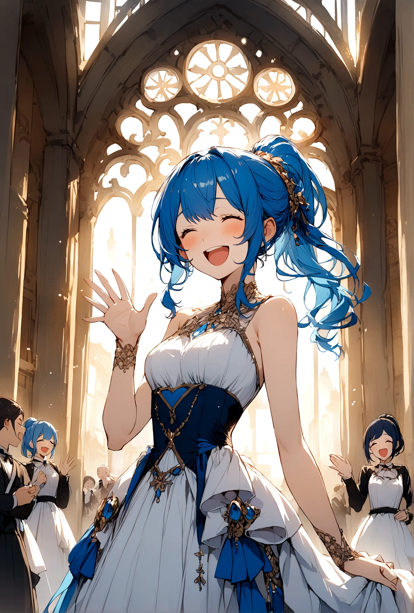 Blue Hair、Ponytail on the left、laughing、Waving、Girl