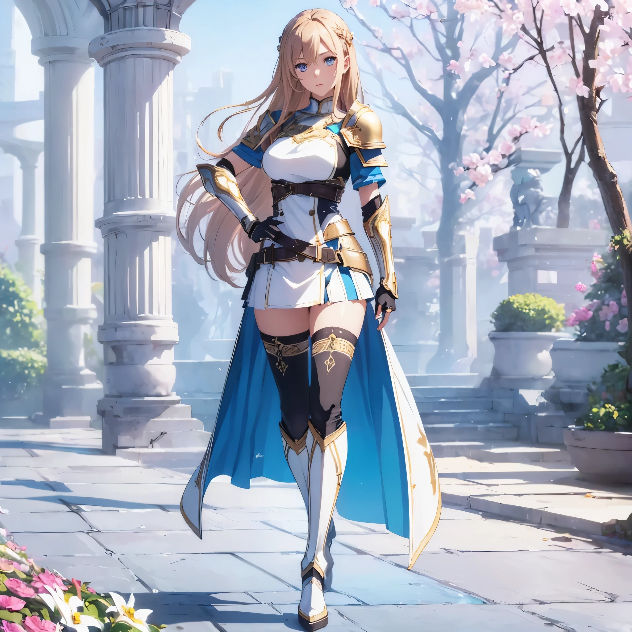 ((1girl, solo)), beautiful body, (perfect anatomy, perfect body, perfect hands, perfect legs), natural proportions, sexy body, large breasts, ((full body, full body front)), hand on hip BREAK

((extremely detailed face)), (beautiful detailed eyes:1.6), (realistic pupils, realistic iris:1), expressive eyes, looking at viewer, (clear eyes:1.3), (hyperrealistic:1.2), (detailed skin texture:1.2), smooth skin, asuna yuuki, long hair, brown hair, brown eyes, (detailed lips:1.2), (attractive lips:1.1), (glossy lips:1.1), perfect face, perfect eyes BREAK

mini dress, long sleeves, (shoulder armor:1.3), (arm guard:1.3), partially fingerless gloves,  ((black thighhighs)), knee high boots, armored boots, thighs, zettai ryouiki, belt, cape BREAK

outdoors, day, (garden:1.4), flower, trees, (shade of trees:1.2) BREAK

(masterpiece:1.5), anime-style, top quality, best quality, (beautiful and aesthetic:1.2), (ultra detail:1.5), Ultra-detailed depiction, Ultra-precise depiction, extremely detailed 8k illustration, high resolution, (highly detailed shading:1.2), (realistic lighting:1.4), perfect lighting, vibrant colors, dynamic tones, striking hues, 8k, absurd resolution, perfect shadows, hdr, UHD, ambient lighting, realistic, ultra-realistic, photo realistic, highly detailed, rich detail, luminous colors, fine texture, intricate design, professional illustration, (soft light:1.2), (illustration:0.7)