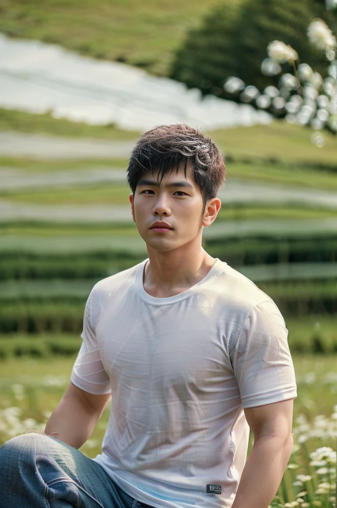 独奏 , 1 person sits on the floor, eyes closed, head raised. , Picture of a handsome Asian rugby player, short hair, no beard, muscular, big muscles, wearing a wet white t-shirt, jeans, outdoors, countryside. (field:1.2), Thailand ,(bokeh background:1.5)