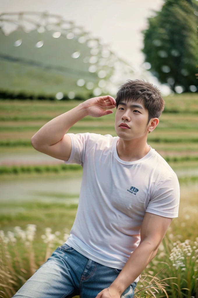 独奏 , 1 person sits on the floor, eyes closed, head raised. , Picture of a handsome Asian rugby player, short hair, no beard, muscular, big muscles, wearing a wet white t-shirt, jeans, outdoors, countryside. (field:1.2), Thailand ,(bokeh background:1.5)
