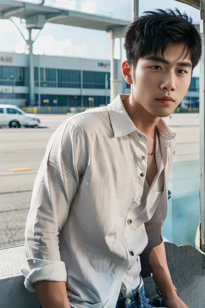 A young Asian man with large muscles looks at the camera. In a white button-down shirt , seaside beach sunlight looking at the airport