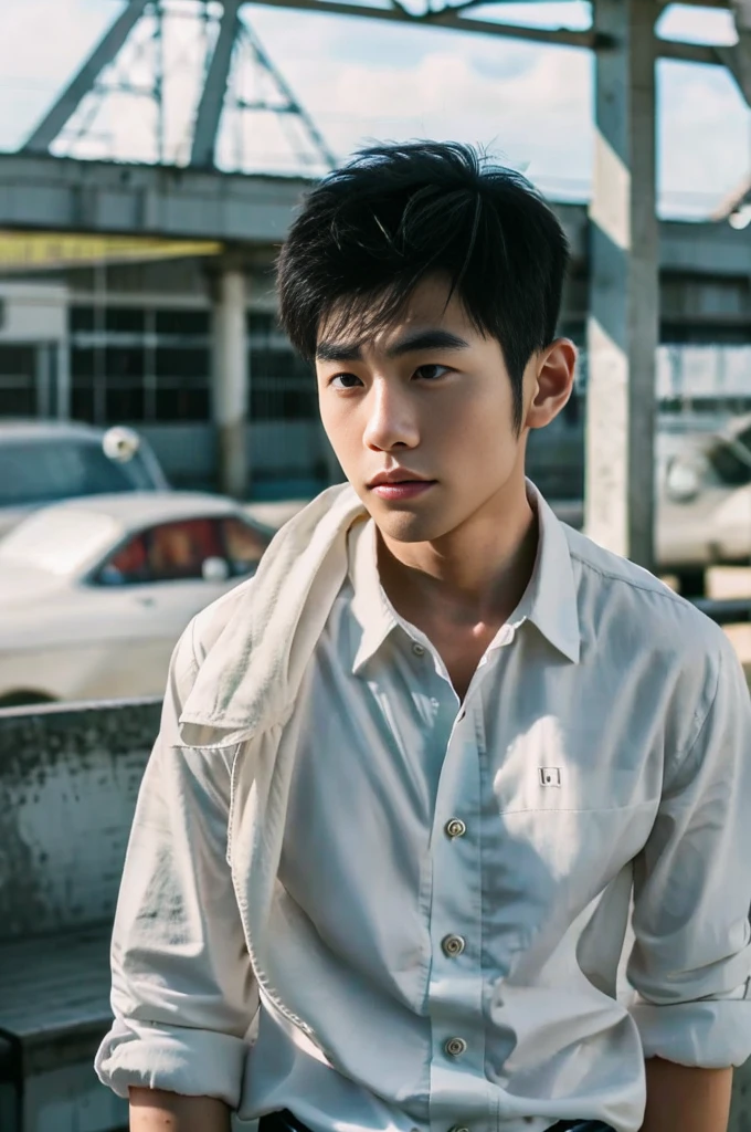 A young Asian man with large muscles looks at the camera. In a white button-down shirt , seaside beach sunlight looking at the airport