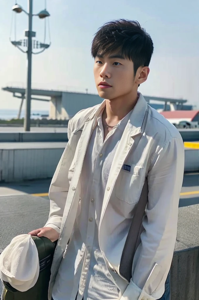 A young Asian man with large muscles looks at the camera. In a white button-down shirt , seaside beach sunlight looking at the airport
