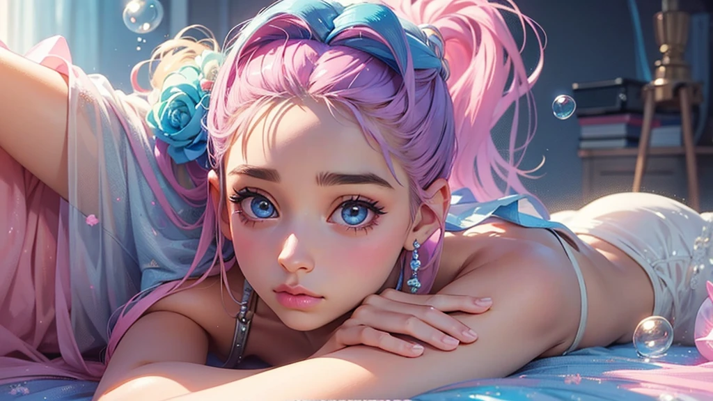 ((masterpiece)). This work is wonderful, dream-like、Fantastic, Soft pink watercolor shades with candy accents. Generate and explore delicate and understated fairies (A colorful bubble gum world in pastel colors). Her sweet face is extremely detailed and realistic with elegant features and a fierce expression, And it becomes ((((Naomi Scott)))). Mature characteristics and stunning, Extremely realistic eyes. Her eyes are important、Be realistic, Very detailed, And it's beautiful. High resolution and detail, Include many details like stars, Milky Way, Colorful bubbles, Colorful petals, And a lot of energy and emotion! Stars and colorful bubblegum bubbles are important! Include fantasy details, Enhanced Details, iris, Colorful sparkling wind, And pollen. Pay special attention to her face、Make sure it's beautiful and realistic in detail。. The image should be dream-like、Fantastic.8K, Complex, elegant, Very detailed, Majestic, Digital photography