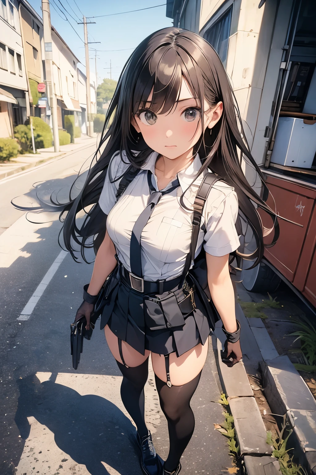 high quality, masterpiece, Ultra-high resolution, (realism: 1.4), Oil painting style, Cinema Lighting, , I stood on the empty asphalt road and looked at it., And the suspenders with the cranes flying　　Large Breasts　 　 　　　　Small face　 　　　holster　　　　　　　 Lying in bed　Looking up　　　　Sweat 　　　belt　summer　脇Sweat 　Black Hole Gloves　suit　　　　 mini skirt　garterbelt　Leg Links　ズボンにbelt　　holster　 　　Hands behind your back　 Anxious expression　Looking up　Anxious face　Knee-high　Knee socks　Knee-highソックス garterbelt　garter　ふとももにgarterbelt