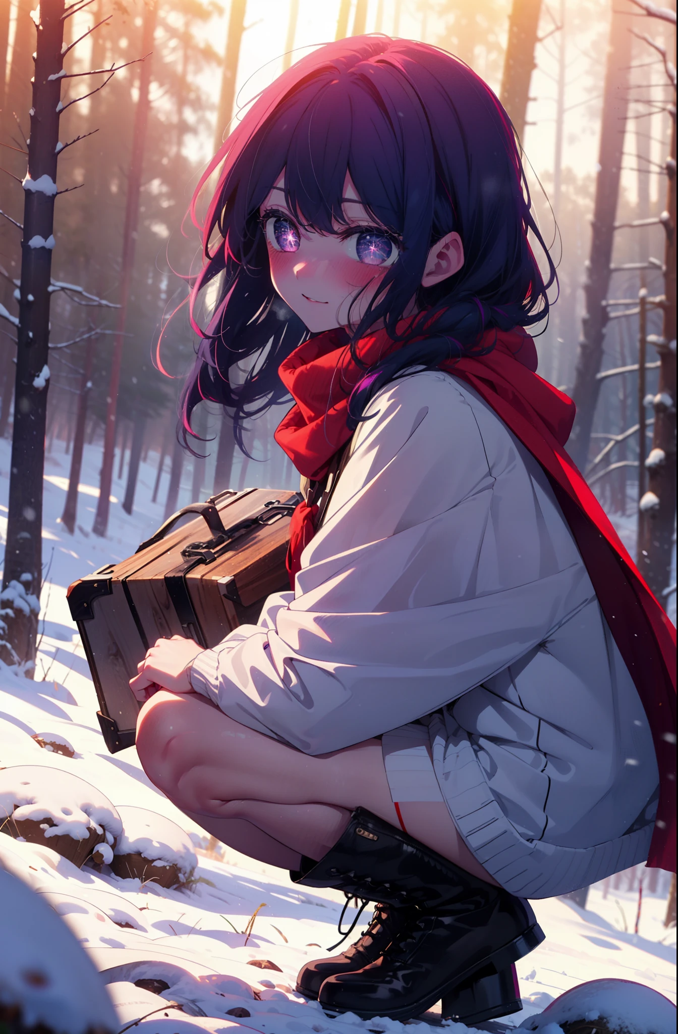 aihoshino, Ai Hoshino, Long Hair, bangs, (Purple eyes:1.1), Purple Hair, (Symbol-shaped pupil:1.5), smile,,smile,blush,White Breath,
Open your mouth,snow,Ground bonfire, Outdoor, boots, snowing, From the side, wood, suitcase, Cape, Blurred, , forest, White handbag, nature, Squat, Mouth closed, Cape, winter, Written boundary depth, Black shoes, red Cape break looking at viewer, Upper Body, whole body, break Outdoor, forest, nature, break (masterpiece:1.2), Highest quality, High resolution, unity 8k wallpaper, (shape:0.8), (Beautiful and beautiful eyes:1.6), Highly detailed face, Perfect lighting, Highly detailed CG, (Perfect hands, Perfect Anatomy),