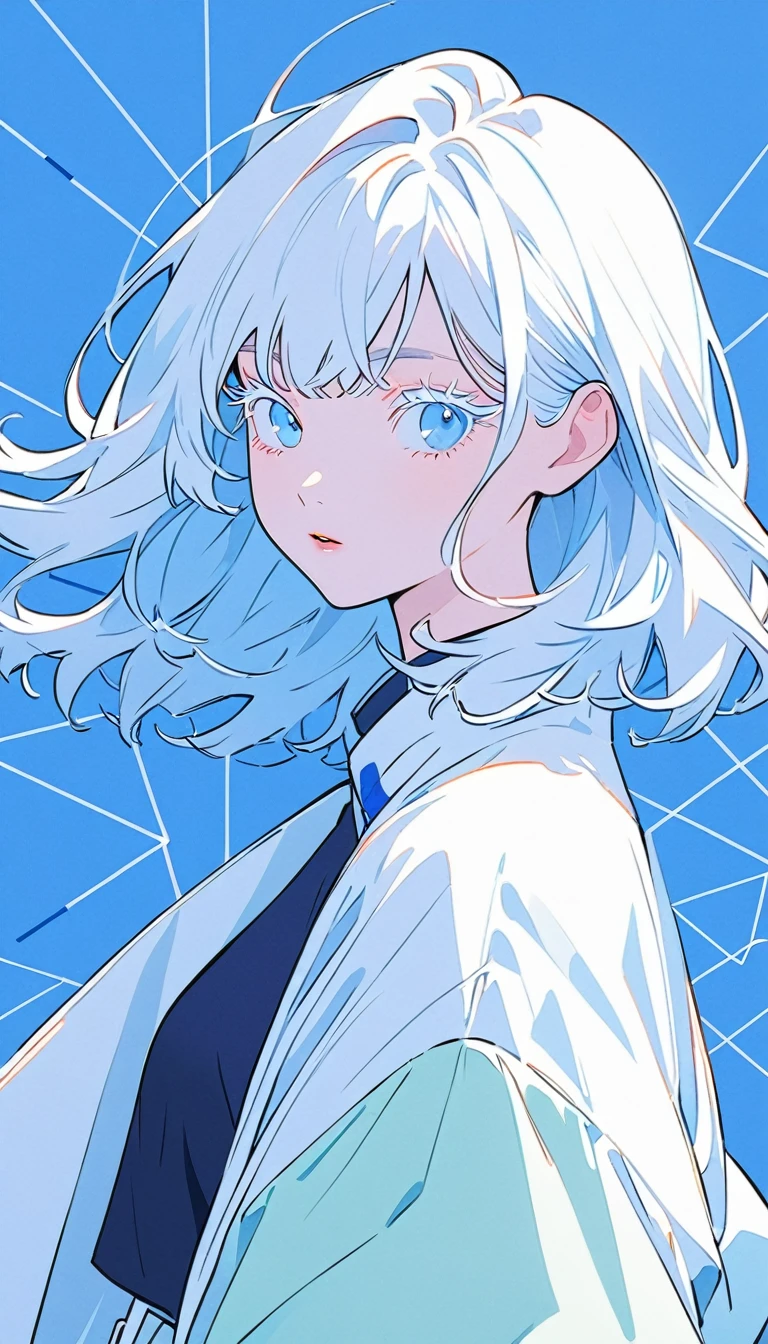 The minimalists,fashion girl,blue background,green fur,light eyelashes,bright blue eyes,Clean通透的眼, flat illustration,geometry,Clean