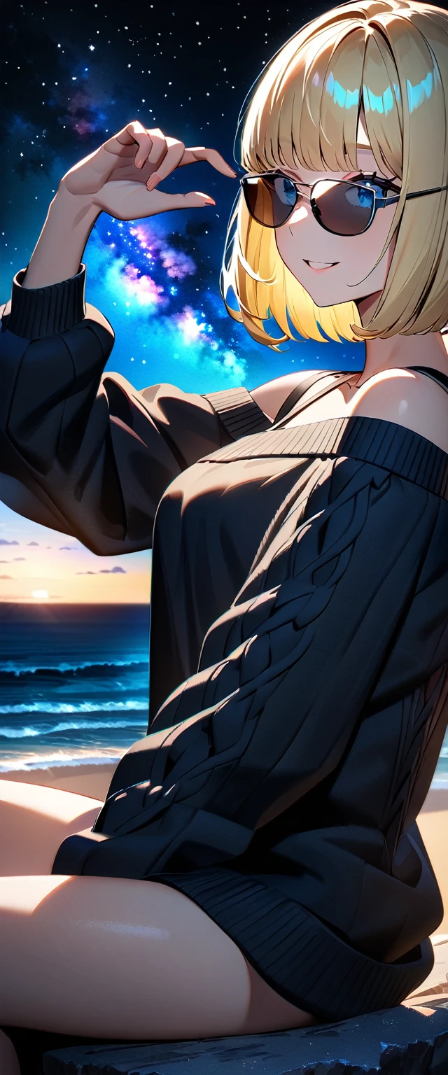 (((a beautiful starry sky, the Milky Way shining beautifully in the night))), ((bare legs)), (((sunglasses, hand to sunglasses))), (Aran sweater), ((((from side)))), upper body, ((sitting on the very high cliff)), wavy hair, inward curled hair, sea, beach, ((blond hair, bob cut:1.3)), breasts, teenager, (looking at viewer), oversized clothes, puffy long sleeves, ((off-shoulder sweater:1.3, Quite thick shoulder straps)), ((black sweater)), collarbone, head tilt:1.3, (((blue eyes))), happy smile, (((anime style))), (best quality, 4K, 8K, highres, masterpiece:1.2, ultra-detailed, ultra-detailed eyes, HDR, uhd, studio lighting, ultra-fine painting, sharp focus, physically-based rendering, extreme detail description, professional, vivid colors, bokeh)