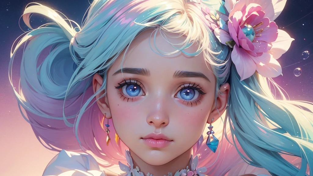 ((masterpiece)). This work is wonderful, dream-like、Fantastic, Soft pink watercolor shades with candy accents. Generate and explore delicate and understated fairies (A colorful bubble gum world in pastel colors). Her sweet face is extremely detailed and realistic with elegant features and a fierce expression, And it becomes ((((Naomi Scott)))). Mature characteristics and stunning, Extremely realistic eyes. Her eyes are important、Be realistic, Very detailed, And it&#39;s beautiful. High resolution and detail, Include many details like stars, Milky Way, Colorful bubbles, Colorful petals, And a lot of energy and emotion! Stars and colorful bubblegum bubbles are important! Include fantasy details, Enhanced Details, iris, Colorful sparkling wind, And pollen. Pay special attention to her face、Make sure it&#39;s beautiful and realistic in detail。. The image should be dream-like、Fantastic.8K, Complex, elegant, Very detailed, Majestic, Digital photography