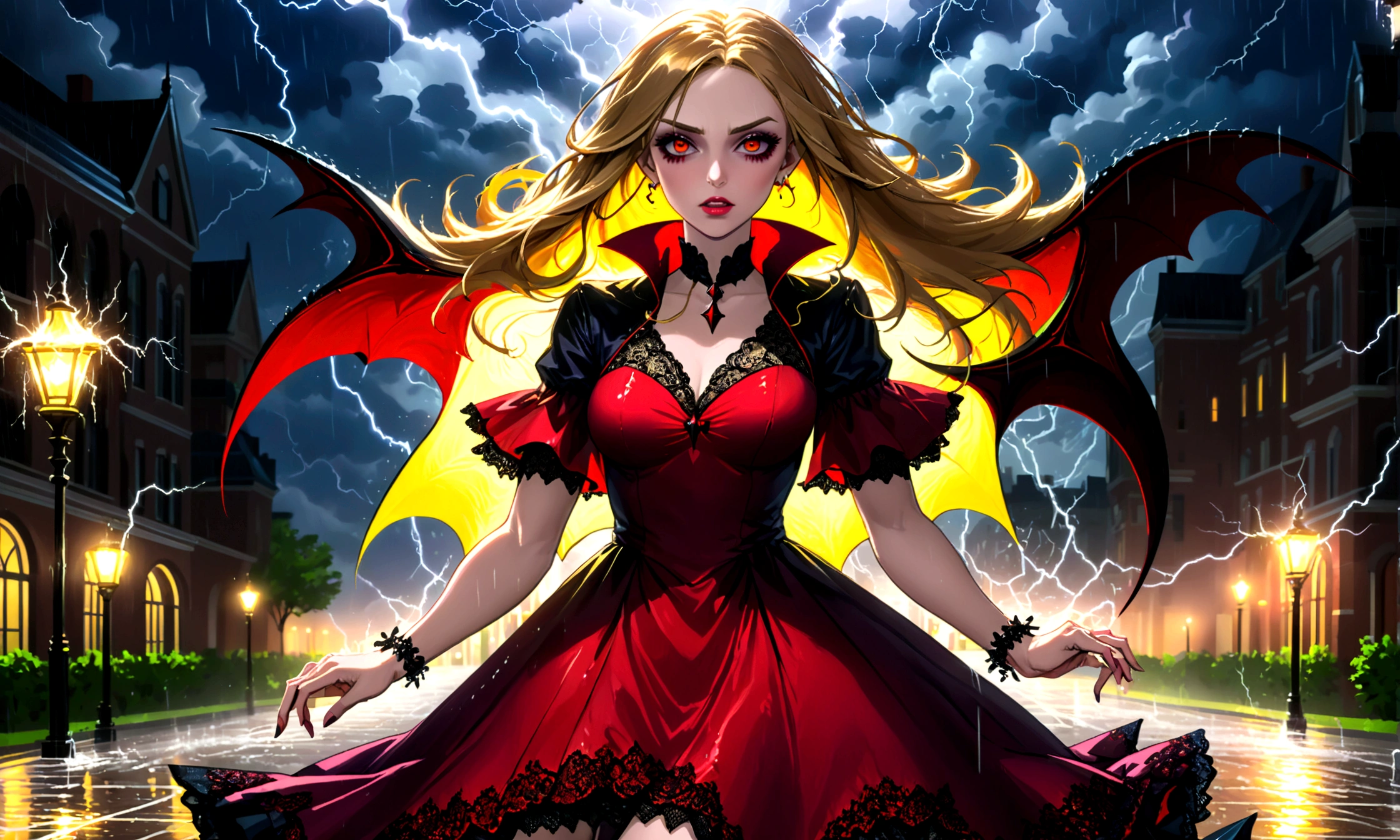 a female vampire (dancing: 1.3) in the rain during lightning storm, goth art, dark fantasy art, glamours (vampire: 1.5) model shot, RAW, award winning picture of a female vampire, dynamic hair color, dynamic hair style, pale skin, full body, busty woman, (most beautiful face: 1.3), (ultra detailed face: 1.2), long hair, wavy hair, pale skin, wearing lace dress, wet dress, dynamic color, dynamic style dress, (intense detailed dress: 1.3), wearing intricate high heels, light make up, modern day high society street in a (lightning: 1.3) storm heavy rain, sense of glorified sensation in the storm, (anatomically correct: 1.4), picture taken from dynamic range, vibrant, Ultra-high resolution, High Contrast, (masterpiece:1.5), highest quality, Best aesthetics), best details, best quality, highres, ultra wide angle, 16k, [ultra detailed], masterpiece, best quality, (extremely detailed), Dark Art Painting Style