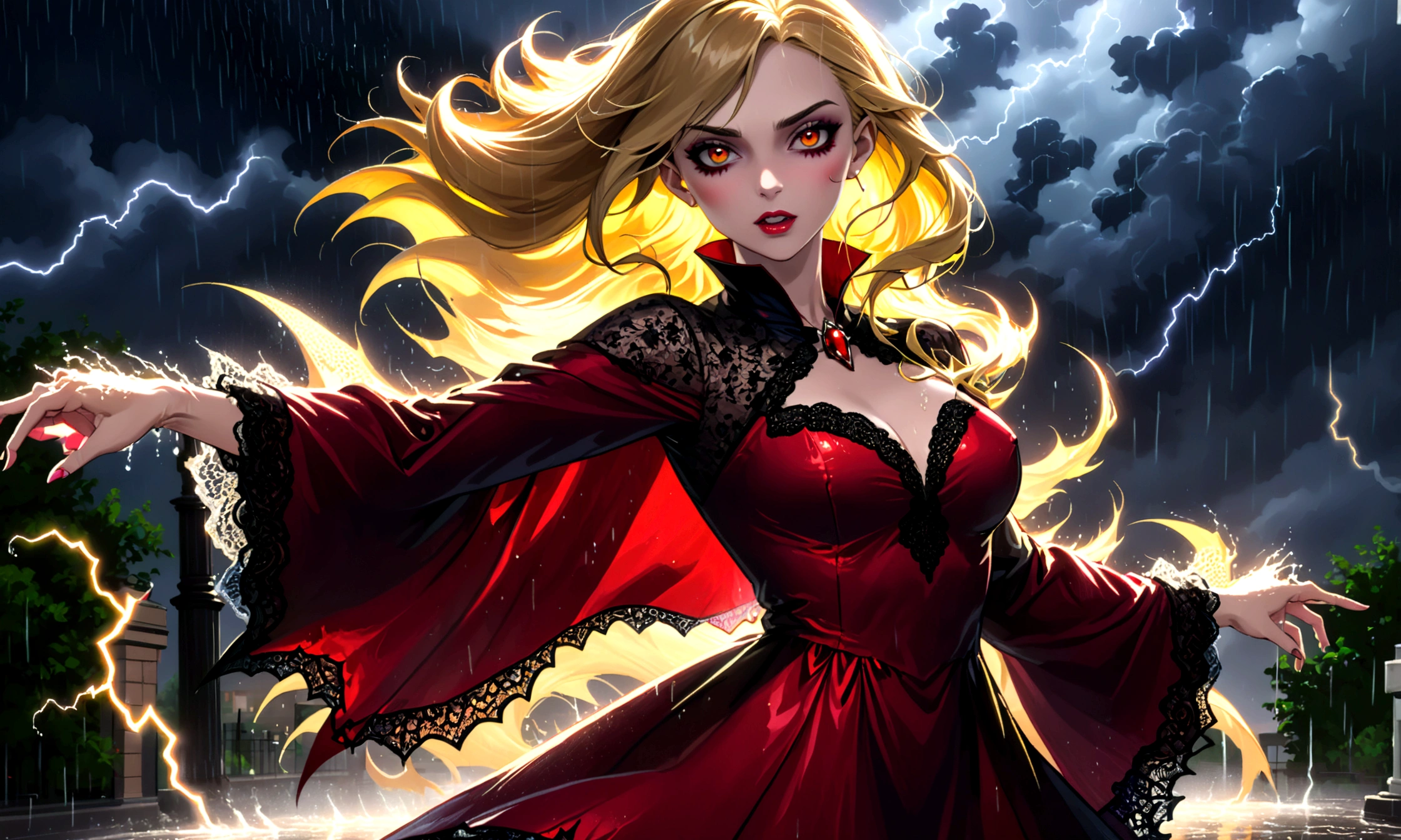 a female vampire (dancing: 1.3) in the rain during lightning storm, goth art, dark fantasy art, glamours (vampire: 1.5) model shot, RAW, award winning picture of a female vampire, dynamic hair color, dynamic hair style, pale skin, full body, busty woman, (most beautiful face: 1.3), (ultra detailed face: 1.2), long hair, wavy hair, pale skin, wearing lace dress, wet dress, dynamic color, dynamic style dress, (intense detailed dress: 1.3), wearing intricate high heels, light make up, modern day high society street in a (lightning: 1.3) storm heavy rain, sense of glorified sensation in the storm, (anatomically correct: 1.4), picture taken from dynamic range, vibrant, Ultra-high resolution, High Contrast, (masterpiece:1.5), highest quality, Best aesthetics), best details, best quality, highres, ultra wide angle, 16k, [ultra detailed], masterpiece, best quality, (extremely detailed), Dark Art Painting Style