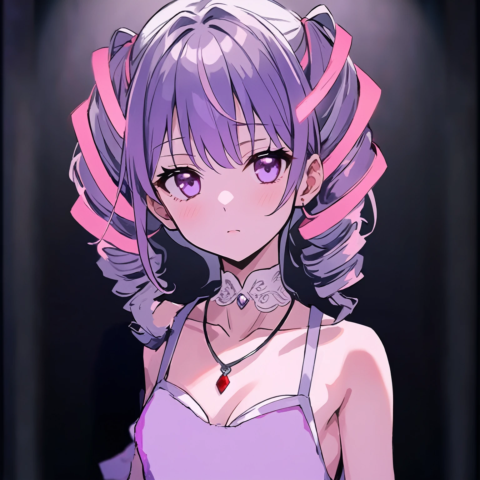 ((masterpiece)), ((upper body)), ((from front)), ((Twin Drill)), ((A girl with a pink ribbon tied around her silver hair)), ((Purple eyes)), ((tareme)), ((look at viewer)), ((Anime girl in a mauve dress)), Anime Style. 8K, Anime Style portrait, ((beautiful girl)), (15 years old), (ultra detailed), ((White lace on the neck)), ((Necklace with red stone))