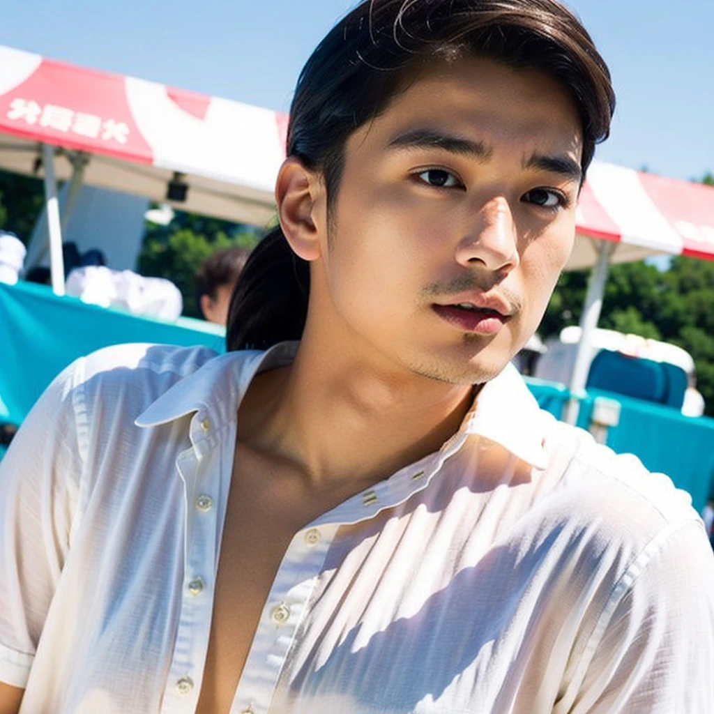 young asian man looking at camera In a white button-down shirt , Fieldside, beach, sunlight, looking at the football field