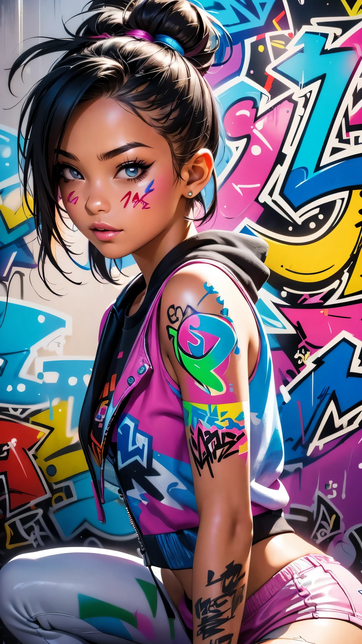 (best quality), (high detail), (vivid colors), (graffiti style), (freestyle), (Close up), (1girl), young sexy female graffiti artist, spraying graffiti on a wall painted with street art, HDR, 8K, 3D, graffiti art style.