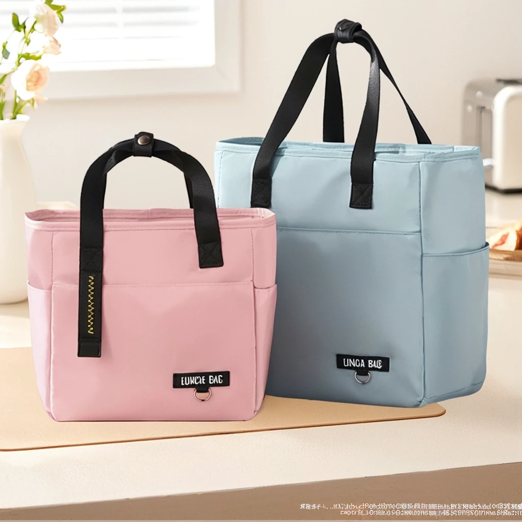 there are two lunch Bag sitting on a counter next to a vase, 4L, 8 l, 8L, There are two front pockets, Official product images, Bag, The full subject is shown in the photo, product photo, bl, Cute big pocket hardware, blue black pin红色), 2 colors, Pastels only, &quot;Surrealism, The colors are beautiful, multiple colour