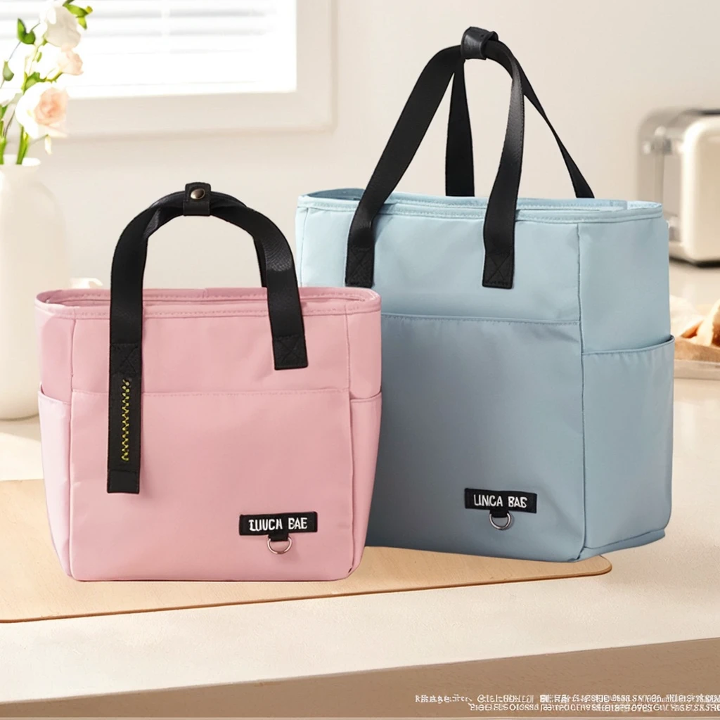 there are two lunch Bag sitting on a counter next to a vase, 4L, 8 l, 8L, There are two front pockets, Official product images, Bag, The full subject is shown in the photo, product photo, bl, Cute big pocket hardware, blue black pin红色), 2 colors, Pastels only, "Surrealism, The colors are beautiful, multiple colour
