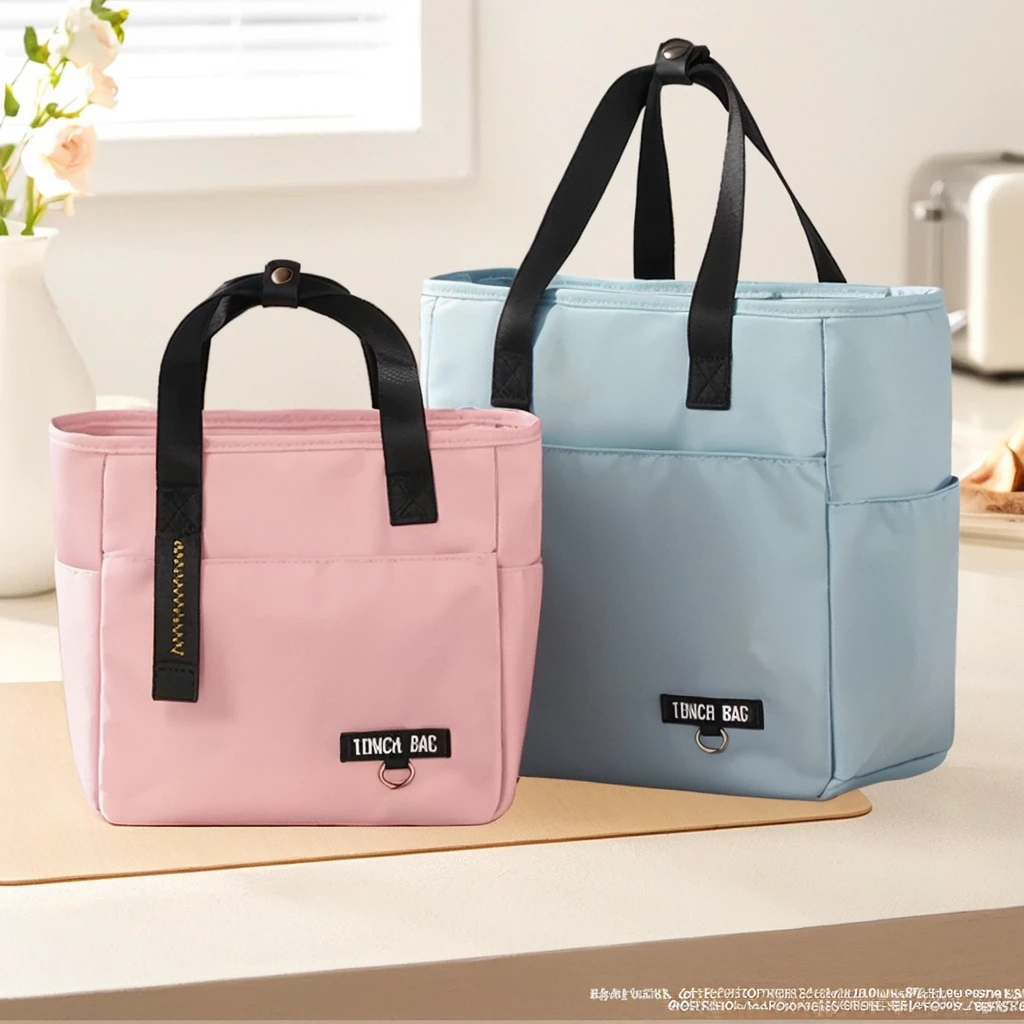 there are two lunch Bag sitting on a counter next to a vase, 4L, 8 l, 8L, There are two front pockets, Official product images, Bag, The full subject is shown in the photo, product photo, bl, Cute big pocket hardware, blue black pin红色), 2 colors, Pastels only, "Surrealism, The colors are beautiful, multiple colour