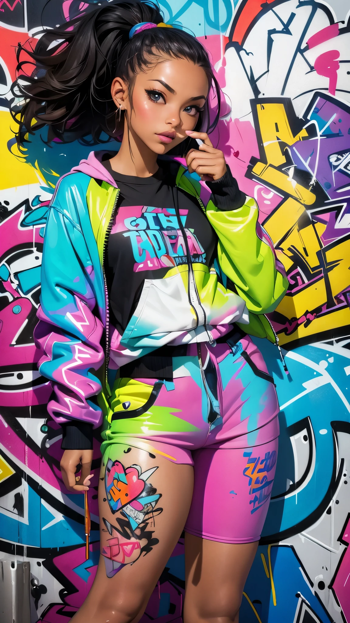 (best quality), (high detail), (vivid colors), (graffiti style), (freestyle), (Close up), (1girl), young sexy female graffiti artist, spraying graffiti on a wall painted with street art, HDR, 8K, 3D, graffiti art style.