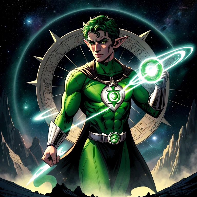 A captivating work of pop art by artist Cepriu, featuring a seductive Green Lantern elf flying through space. The illustration has a vintage comic book feel, with the charming elf looking at the viewer, showing off a luminescent Green Lantern ring on his finger, his fist clenched and leaving a trail of swirling green energy in his wake... The background shows the immensity of space., with a distant Earth visible. This work combines elements of illustration, typography, poster design and chart to create a dark fantasy masterpiece., typography, illustration, chart, poster, dark fantasy
