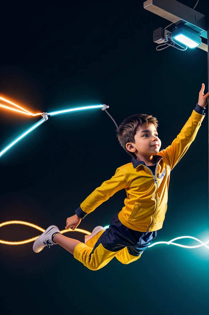 A boy Flying with electricity around him glowing and tech gadgets floting around him 