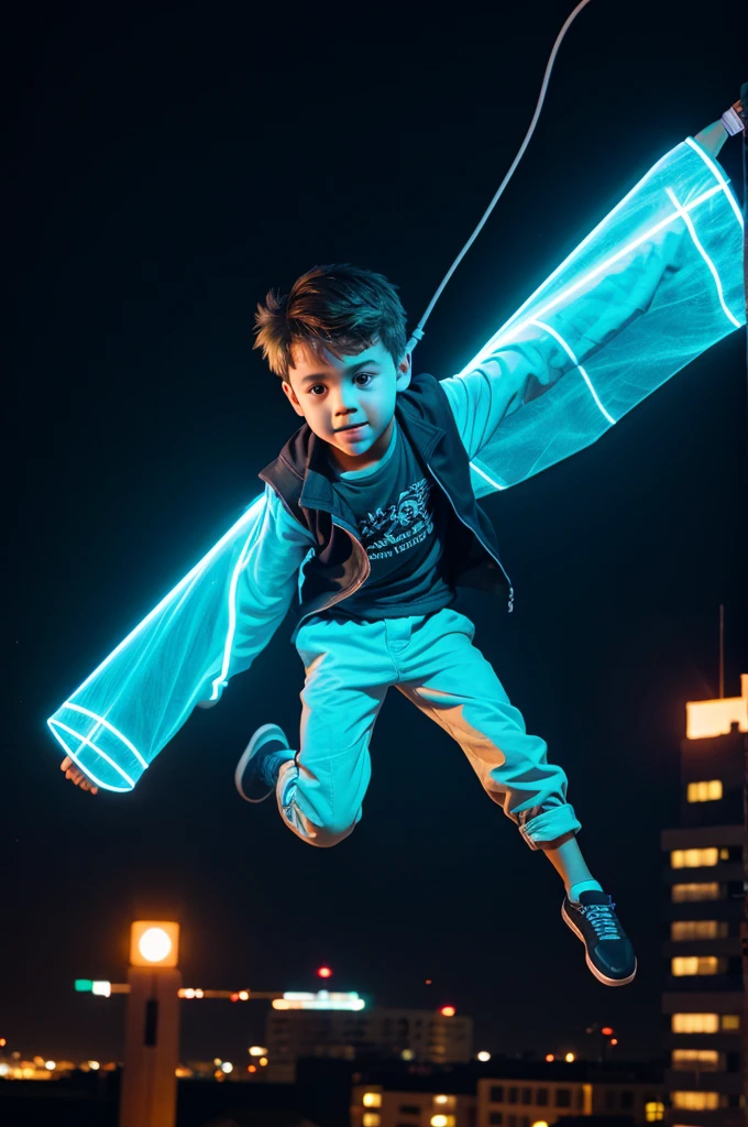 A boy Flying with electricity around him glowing and tech gadgets floting around him 