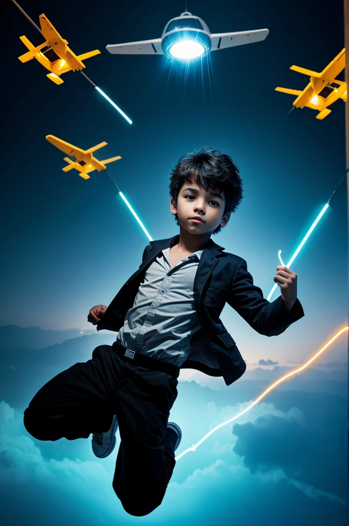 A boy Flying with electricity around him glowing and tech gadgets floting around him 