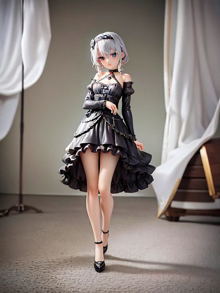Masterpieces, Miniature of a figure of early 20's Russian girl with aschgray colored hair, head to toe full body,inside a parfum glass sphere, photo studio, The face is precise((must))