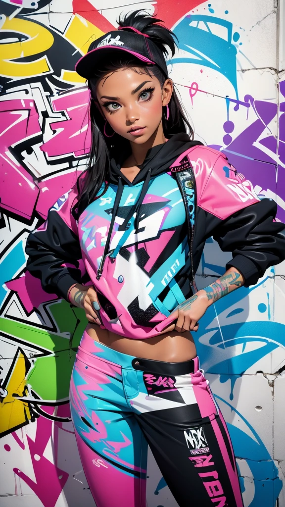 (best quality), (high detail), (vivid colors), (graffiti style), (freestyle), (Close up), (1girl), young y female graffiti artist, spraying graffiti on a wall painted with street art, HDR, 8K, 3D, graffiti art style.