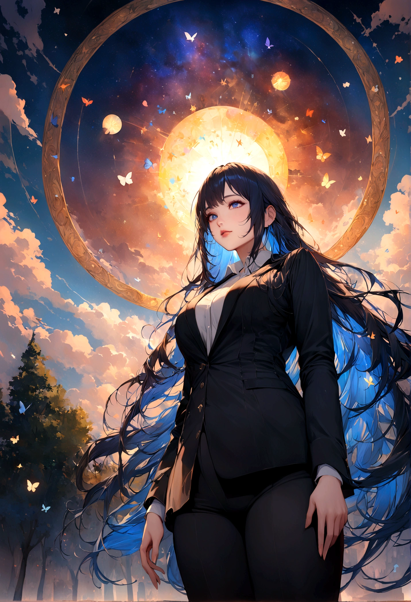 Beautiful Hands, Beautiful dress, (Highest quality:1.2), Intricate details, Decoration, One girl, Multicolored Hair, Long Hair, Collared shirt, Jacket, bangs, Long sleeve, blue flower, (Mature Woman:1.2), Decoration, (Dark blue hair, Lightブルーインナー), extra Long Hair, Straight hair, blue eyes, Slanted Eyes, White inner shirt, (long black Jacket, Black long pants), (masterpiece, Highest quality:1.2), Intricate details, Decoration, One girl, Multicolored Hair, Long Hair, Collared shirt, bangs, Long sleeve, blue flower, (Mature Woman:1.2), Stars and comets pass by in the vast sky, Beautiful Clouds, A tree where fireflies and butterflies glow々, (Ultra-realistic), {Highly detailed CG unit 8K wallpaper}, Vast landscape photography, (Panoramic view of the sky from below, vast open field vision), (Low angle shot), (Light: 1.5), (warm Light source: 1.2), Intricate details, (Rainbow colors: 1.2), (bright Lighting), (atimospheric Lighting), dream-like, magic, fairy tale