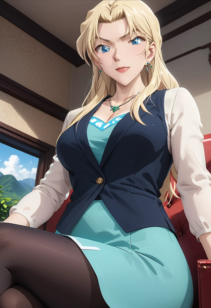 (masterpiece, best quality:1.2), ((Extremely detailed)), high resolution, Anime style , photo, photography, Detailed background,1. Beautiful woman Lei Dianming, (Pantyhose), boots,Cowboy shooting, Looking at the audience,A faint smile, earrings, skirt, Necklace, Vest, Cross your legs, From below, On the sofa, Windows, living room,Anime style，blond