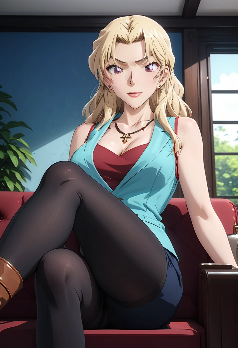 (masterpiece, best quality:1.2), ((Extremely detailed)), high resolution, Anime style , photo, photography, Detailed background,1. Beautiful woman Lei Dianming, (Pantyhose), boots,Cowboy shooting, Looking at the audience,A faint smile, earrings, skirt, Necklace, Vest, Cross your legs, From below, On the sofa, Windows, living room,Anime style，blond