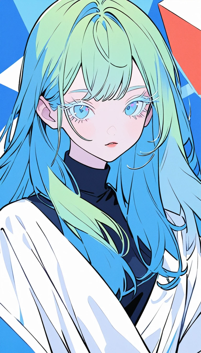 The minimalists,fashion girl,blue background,green fur,light eyelashes,bright blue eyes,Clean通透的眼, flat illustration,geometry,Clean