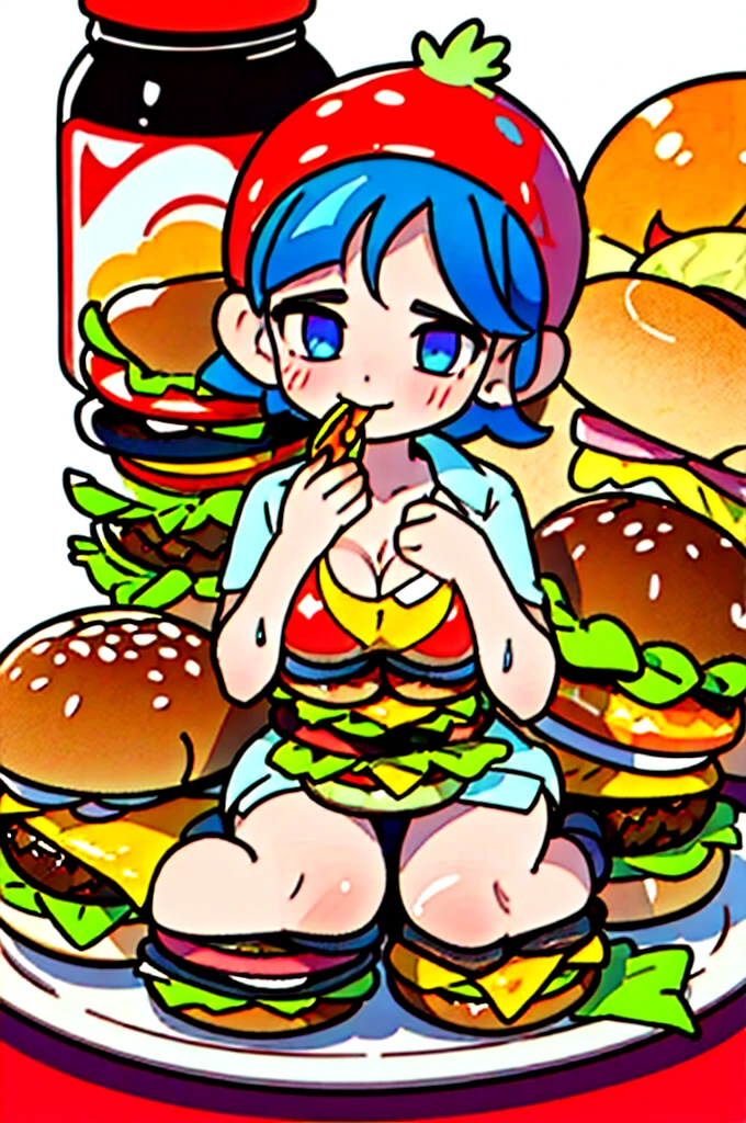 Put hamburger buns on the chest, (there are buns on the chest, women put burgers on the chest, put vegetables and burgers on the chest, spread ketchup on the chest) realistic, masterpiece, top, details look at appearance, cleavage ,sweaty legs,orgasm,,shy smile,breast cream,cartoon,mouth-watering,big breasts,big breasts,