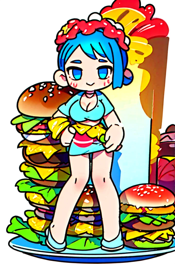 Put hamburger buns on the chest, (there are buns on the chest, women put burgers on the chest, put vegetables and burgers on the chest, spread ketchup on the chest) realistic, masterpiece, top, details look at appearance, cleavage ,sweaty legs,orgasm,,shy smile,breast cream,cartoon,mouth-watering,big breasts,big breasts,