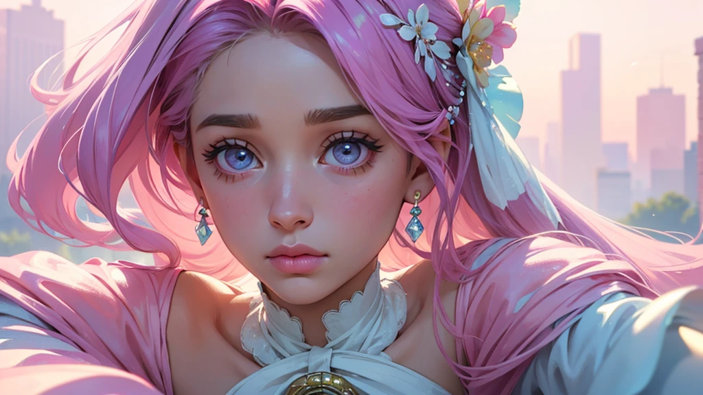 ((masterpiece)). This work is wonderful, dream-like、Fantastic, Soft pink watercolor shades with candy accents. Generate and explore delicate and understated fairies (A colorful bubble gum world in pastel colors). Her sweet face is extremely detailed and realistic with elegant features and a fierce expression, And it becomes ((((Naomi Scott)))). Mature characteristics and stunning, Extremely realistic eyes. Her eyes are important、Be realistic, Very detailed, And it's beautiful. High resolution and detail, Include many details like stars, Milky Way, Colorful bubbles, Colorful petals, And a lot of energy and emotion! Stars and colorful bubblegum bubbles are important! Include fantasy details, Enhanced Details, iris, Colorful sparkling wind, And pollen. Pay special attention to her face、Make sure it's beautiful and realistic in detail。. The image should be dream-like、Fantastic.8K, Complex, elegant, Very detailed, Majestic, Digital photography