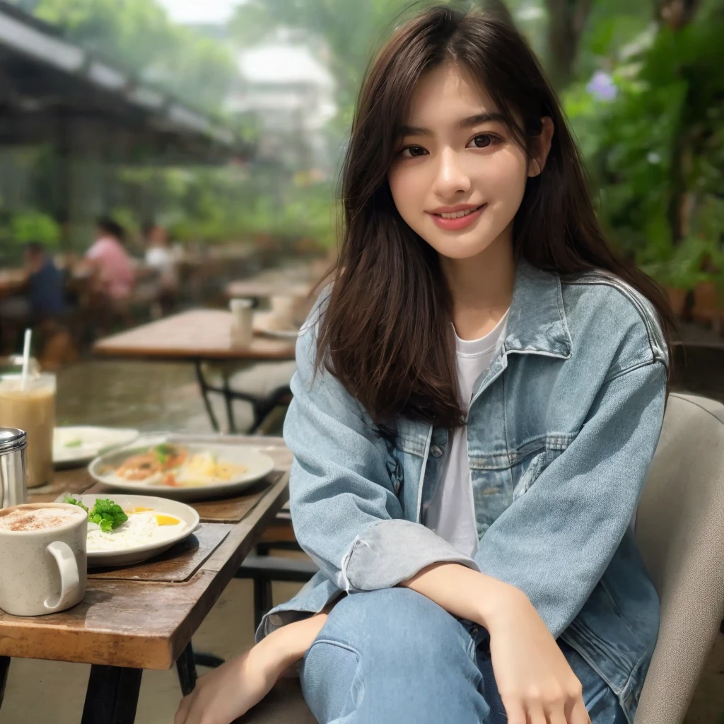  A 20 year old woman wearing casual clothes is sitting in a cafe, a faint smile wearing Vans shoes, home page background, very detailed 8k