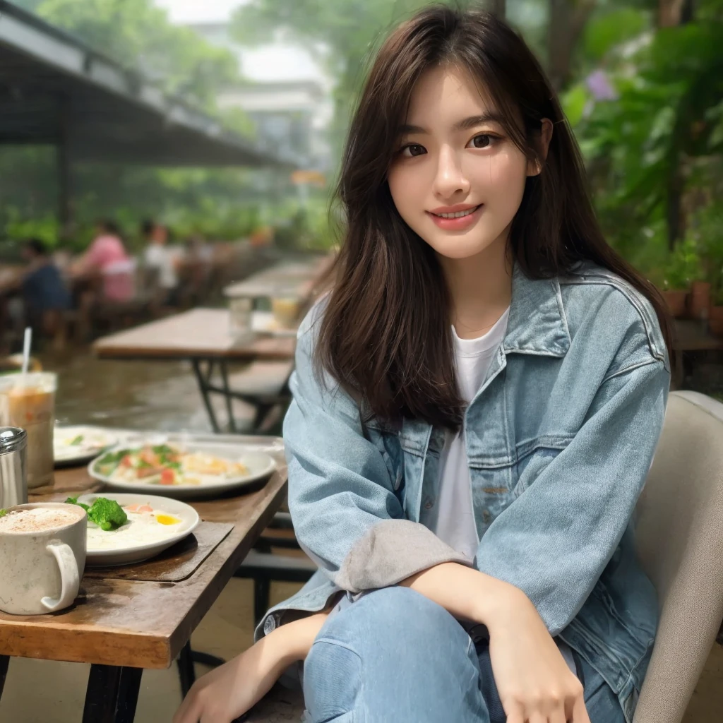 A 20 year old woman wearing casual clothes is sitting in a cafe, a faint smile wearing Vans shoes, home page background, very detailed 8k