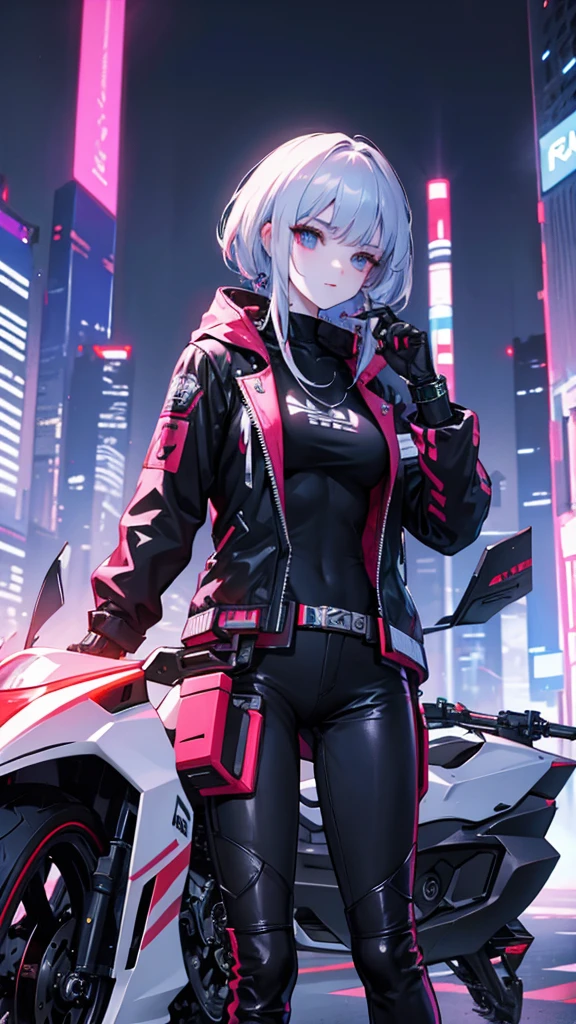 Cyberpunk: A skinny girl holds a sword and drives a futuristic motorcycle.. night city