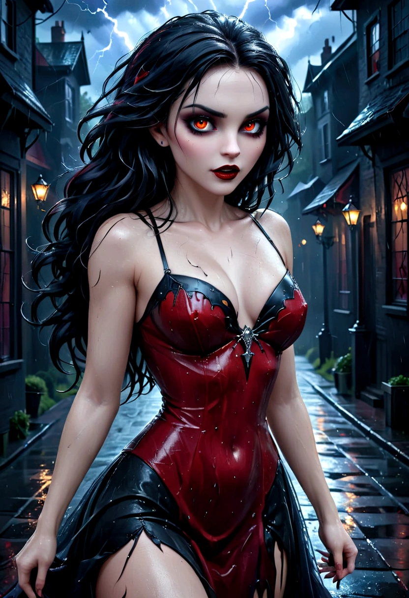 a female vampire (dancing: 1.3) in the rain during lightning storm, goth art, dark fantasy art, glamours (vampire: 1.5) model shot, RAW, award winning picture of a female vampire, dynamic hair color, dynamic hair style, pale skin, full body, busty woman, (most beautiful face: 1.3), (ultra detailed face: 1.2), long hair, wavy hair, pale skin, wearing lace dress, wet dress, dynamic color, dynamic style dress, (intense detailed dress: 1.3), wearing intricate high heels, light make up, modern day high society street in a (lightning: 1.3) storm heavy rain, sense of glorified sensation in the storm, (anatomically correct: 1.4),  picture taken from dynamic range, vibrant, Ultra-high resolution, High Contrast, (masterpiece:1.5), highest quality, Best aesthetics), best details, best quality, highres, ultra wide angle, 16k, [ultra detailed], masterpiece, best quality, (extremely detailed), Intense Gaze, goth person, dark person